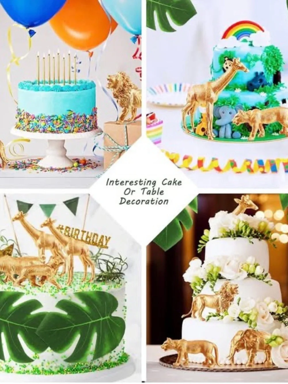 26 pc Gold Animals Safari Figures & Faux Tropical Palm Leaves Cake Topper